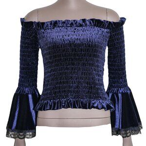Victorian Gothic Blue Black Off Shoulder Bell Sleeve Velvet Lace Scrunched Top